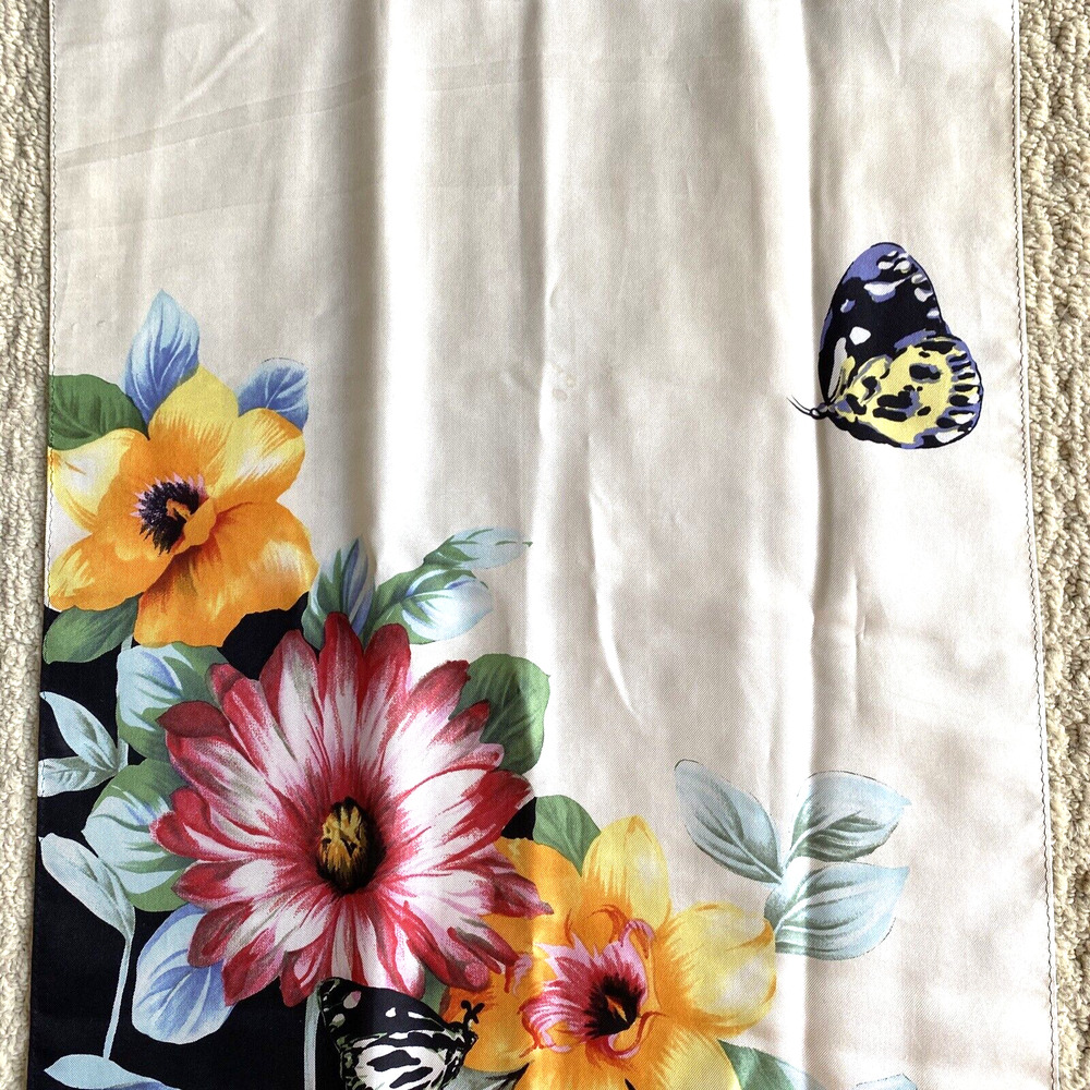Vintage 1980s ECHO pure silk scarf creamy white colorful floral long rectangle - Picture 2 of 7